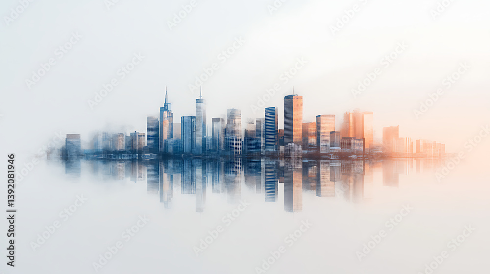 Fototapeta premium vibrant watercolor painting of bustling city skyline reflected on calm water, blending soft hues of blue and orange, creating serene and dreamy atmosphere