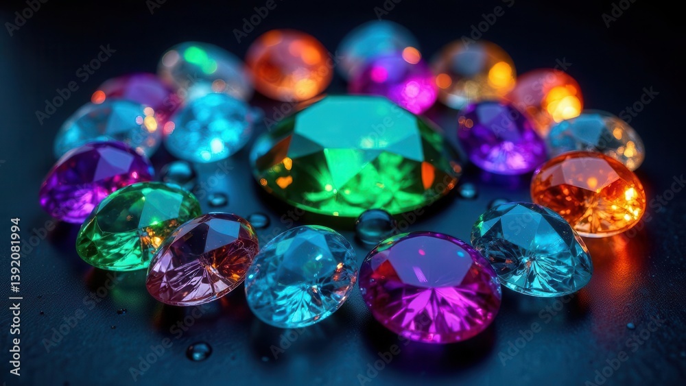 A dazzling array of multifaceted gemstones, vibrant and luminous, arranged in a captivating circular pattern on a dark surface, showcasing their brilliant sparkle and intense colors.