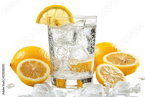 Refreshing Sparkling Water with Lemon Slices Icy Cubes bright background isolated on transparent background