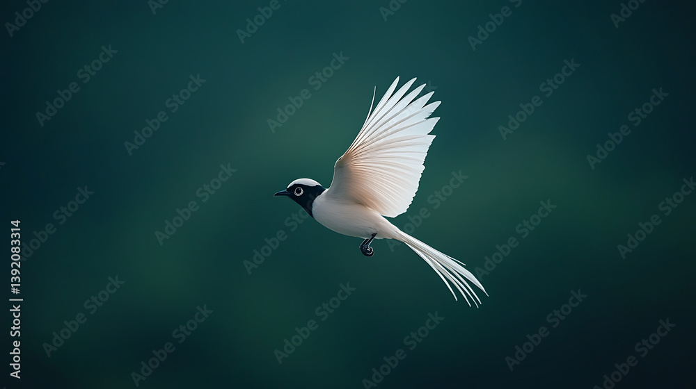 Obraz premium graceful white bird with long tail and black face mask is captured mid flight against soft green background, showcasing its elegant wings and serene beauty