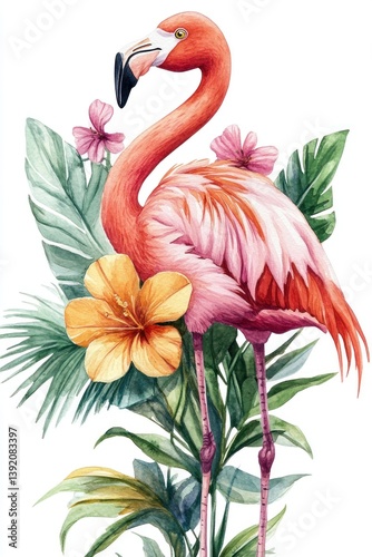 Watercolor depiction of a vibrant pink flamingo surrounded by foliage