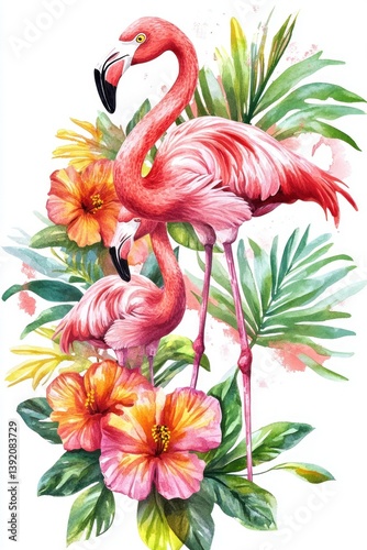 Two pink flamingos standing with vibrant flowers and lush green leaves