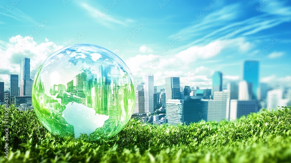 Green glass globe with a cityscape on grass, a sustainable environment concept, green energy, ecology concept, eco-environment design Green glass globe with a cityscape on grass, a sustainable environment concept, green energy, ecology concept, eco-environment design