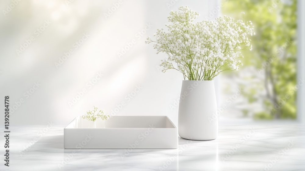 Fototapeta premium A minimalist, elegant display of white flowers in a vase and a tray on a marble surface, bathed in natural light