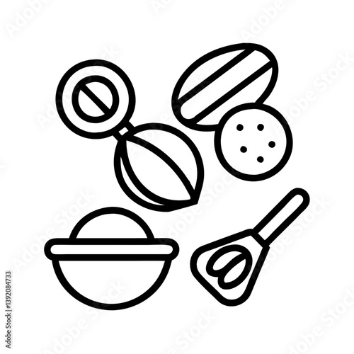 Outline vector illustration of cocoa beans, cocoa powder and cocoa butter ingredients for food processing