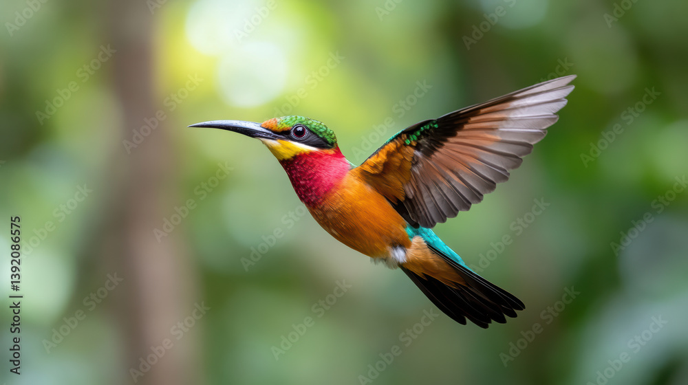Fototapeta premium Colorful bird flying gracefully in lush green environment, showcasing vibrant plumage