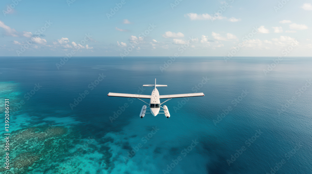 Fototapeta premium seaplane flying over clear blue ocean, showcasing stunning aerial views and tranquility