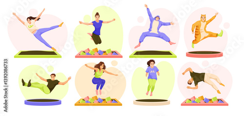 Set of people jumping on trampolines in different poses, some into foam pits, wearing casual and fun outfits. Fun and active lifestyle. Vector illustration