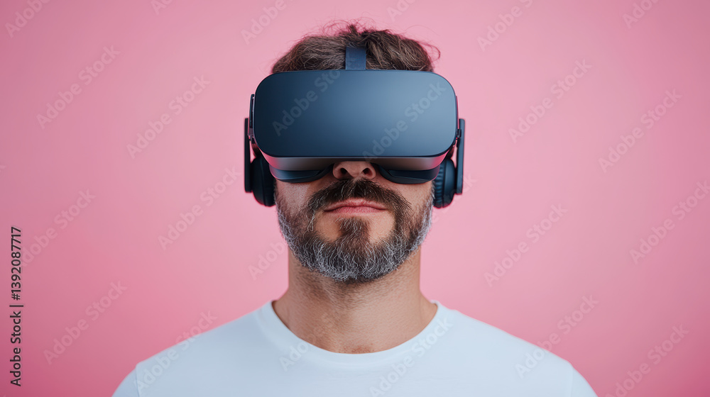 Immersive virtual reality experience with man wearing headset and headphones Immersive virtual reality experience with man wearing headset and headphones