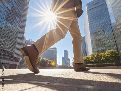 Businessman Walking to Office in Urban Landscape Low Angle Perspective Morning Light