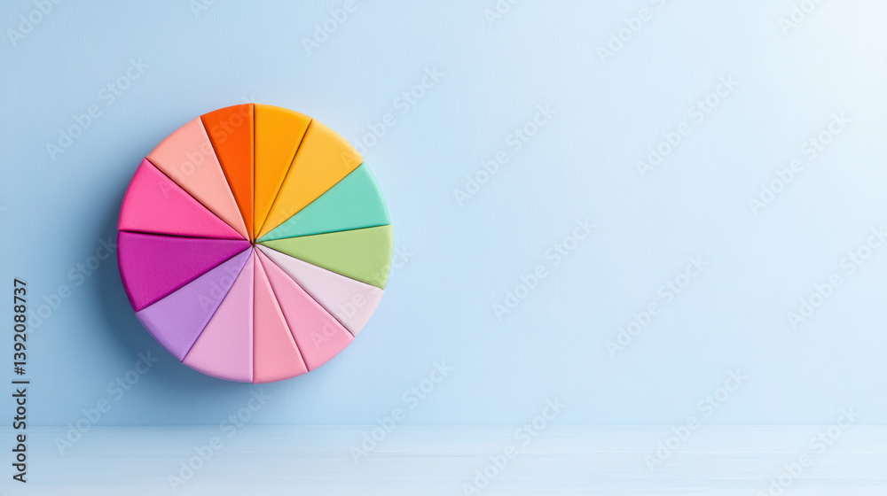 Obraz premium Colorful pie chart representation with pastel segments light blue background, symbolizing data