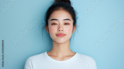serene young woman with natural expression poses against light blue background, showcasing her
