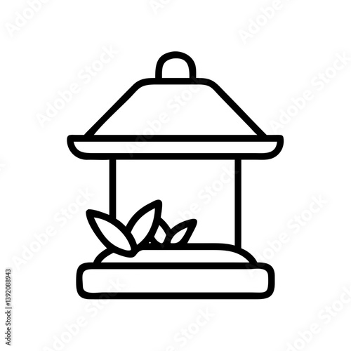 Outline drawing of a bird feeder with leaves for attracting birds to your garden and backyard area