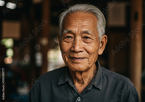 Portrait of an elderly Asian man smiling warmly, serene expression, gray hair, looking at the camera, indoor lighting.