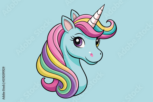 Vibrant and whimsical cartoon unicorn head illustration, featuring playful laughter and neighing sounds.