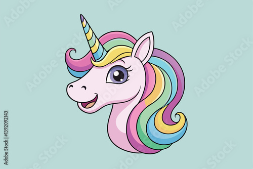 Vibrant and whimsical cartoon unicorn head illustration, featuring playful laughter and neighing sounds.