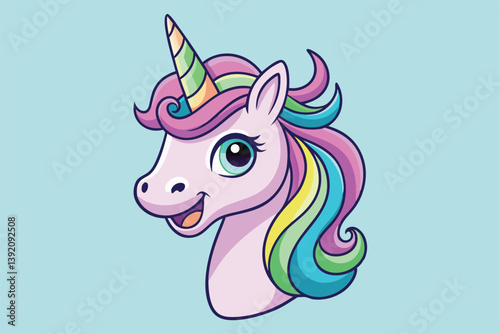 Vibrant and whimsical cartoon unicorn head illustration, featuring playful laughter and neighing sounds.
