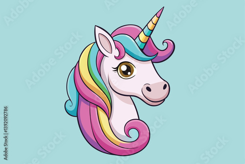 Vibrant and whimsical cartoon unicorn head illustration, featuring playful laughter and neighing sounds.
