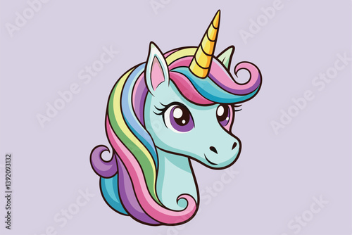 Vibrant and whimsical cartoon unicorn head illustration, featuring playful laughter and neighing sounds.