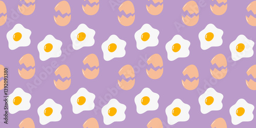 Cracked Beige Eggshell Fried eggs with yolk Seamless pattern Culinary banner Background Texture idea