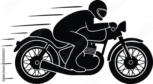 A silhouette black vector graphic of a motorcyclist wearing a helmet and riding a classic motorcycle with spoked wheels