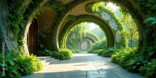 Serene Pathway Through Lush, Overgrown Stone Arches Leading to a Tranquil Garden Door