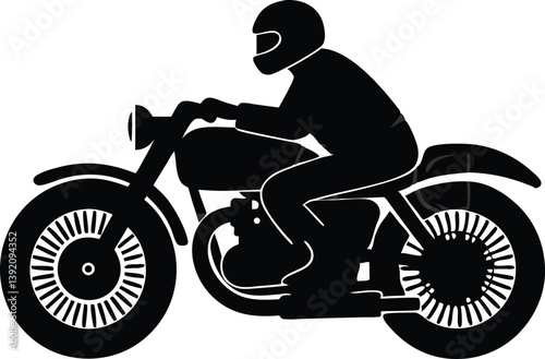 A silhouette black vector graphic of a motorcyclist wearing a helmet and riding a classic motorcycle with spoked wheels