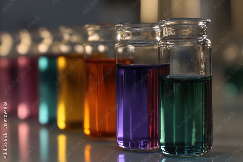 A vibrant row of glass bottles filled with colorful liquids on a reflective surface in a laboratory setting displaying scientific experimentation. A vibrant row of glass bottles filled with colorful liquids on a reflective surface in a laboratory setting displaying scientific experimentation.
