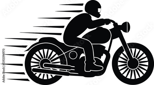 A silhouette black vector graphic of a motorcyclist wearing a helmet and riding a classic motorcycle with spoked wheels