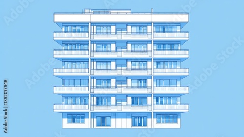 Modern apartment building facade, light blue background, illustration photo
