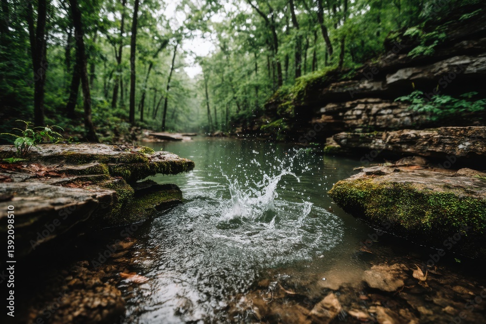 Obraz premium A fresh water splash in a serene forest river, surrounded by green trees and mossy rocks, creating a peaceful and natural landscape scene with a gentle stream of clear water.