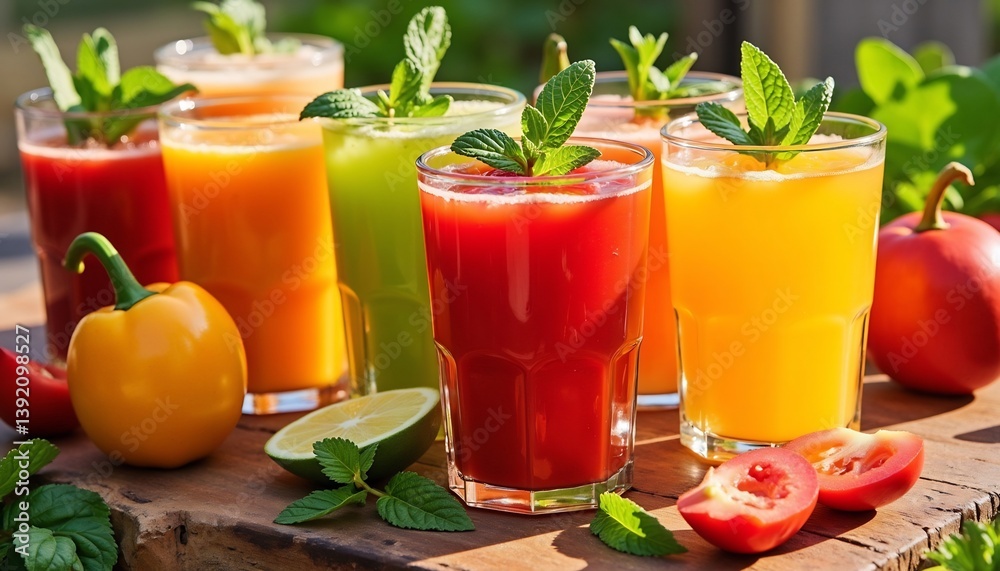 Colorful Freshly Squeezed Vegetable Juices On A Rustic Wooden Board With Mint Colorful Freshly Squeezed Vegetable Juices On A Rustic Wooden Board With Mint