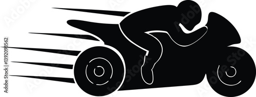 A stylized black silhouette of a racing motorcycle with a rider in a low, aerodynamic position, designed to convey high speed and motion