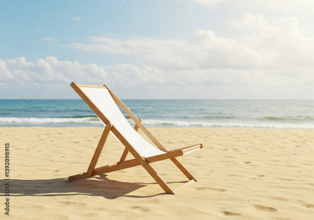 Beach chair mockup. Bank white beach chair mockup on a beach. A wooden beach chair with a blank white canvas sits on a sandy beach, facing the ocean. Beach chair mockup. Bank white beach chair mockup on a beach. A wooden beach chair with a blank white canvas sits on a sandy beach, facing the ocean.