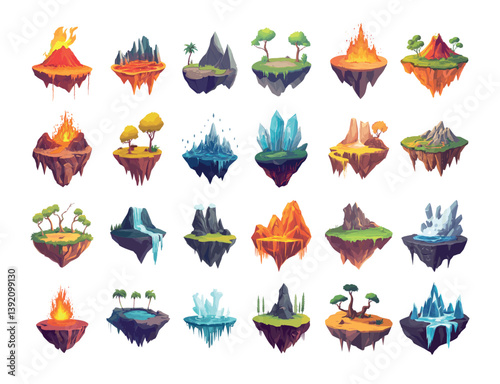 Cartoon hovering islands. Mountains rocks volcano lava ice frozen dune sands forest waterfall biomes with crags and ascending boulders, different mist arcade video games lands, isolated artworks