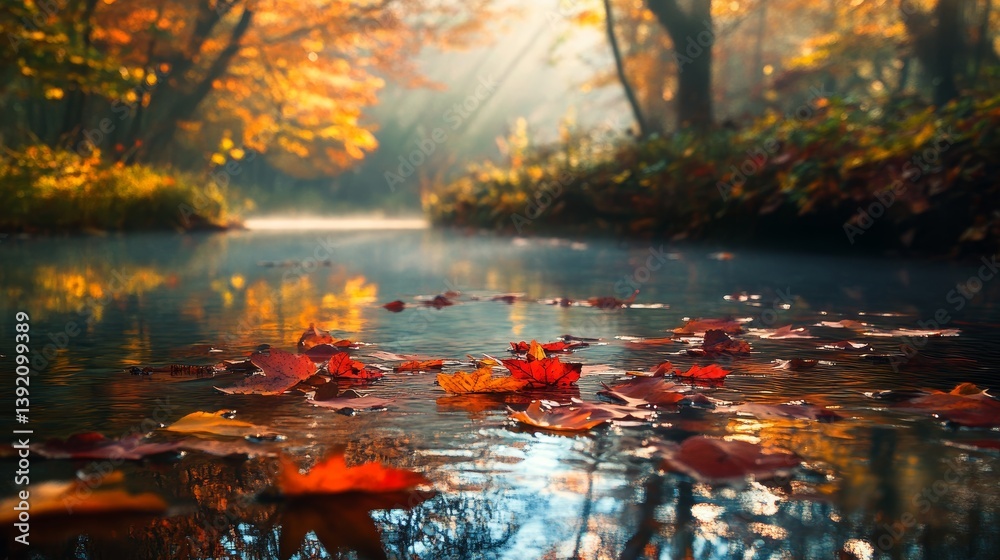 Naklejka premium Tranquil autumn forest scene with floating colorful leaves in stream