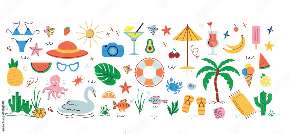 Summer, a set of trend elements: sun, pineapple, palm tree, dessert, ice cream, drinks. Fashionable modern art. Cartoon, minimalistic, abstract modern style. art template for summer postcards, banners Summer, a set of trend elements: sun, pineapple, palm tree, dessert, ice cream, drinks. Fashionable modern art. Cartoon, minimalistic, abstract modern style. art template for summer postcards, banners