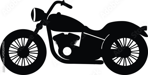 A vector illustration of a black cruiser motorcycle silhouette. The motorcycle should have a low profile, a visible headlight