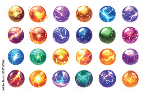 Cartoon magical spheres. Mythical orbs with lightning fire and flame glowing inside, wizard or prophet mystical arcane balls enchanted globes, isolated vector illustrations