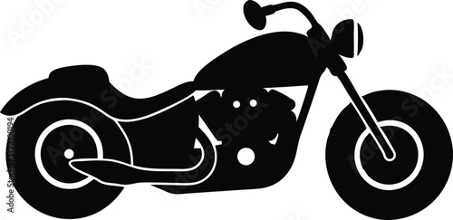 A vector illustration of a black cruiser motorcycle silhouette. The motorcycle should have a low profile, a visible headlight