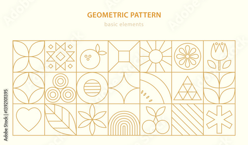 Geometric food line pattern. Natural flower plant simple shape, abstract eco agriculture concept. Vector minimal banner. Bauhaus style.