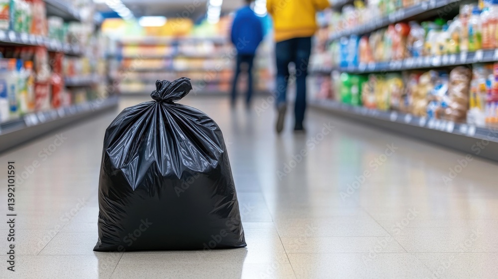 Obraz premium A black garbage bag sits on the floor of a grocery store aisle, blurred customers walking in background.
