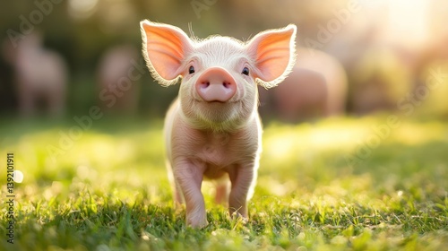 Wallpaper Mural Adorable piglet in a grassy field. Sunlight. Perfect for children's books or farm-themed products. Torontodigital.ca