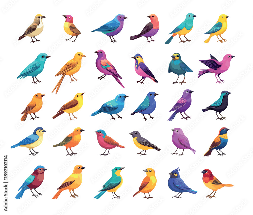 Cartoon small birds. Starling sparrow swallow tit soaring animals with feathers wings beaks tails flying forest wildlife, isolated illustrations