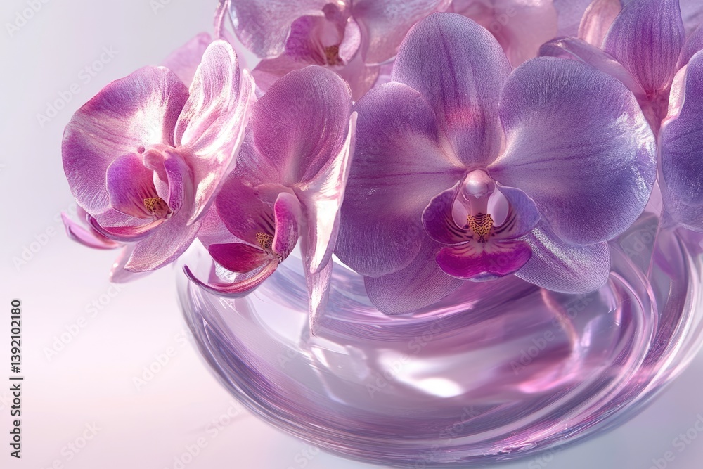 Fototapeta premium Delicate lavender orchids in a glass vase, showcasing their beauty and elegance.