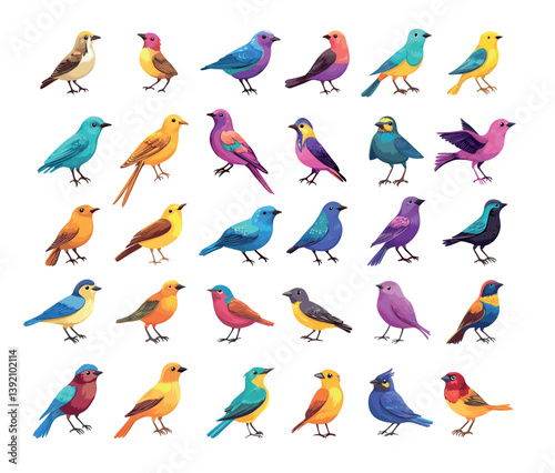 Cartoon small birds. Starling sparrow swallow tit soaring animals with feathers wings beaks tails flying forest wildlife, isolated illustrations