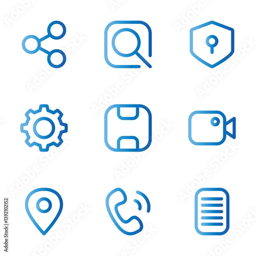 Set of Nine Modern Outline App Icons in a Gradient Blue