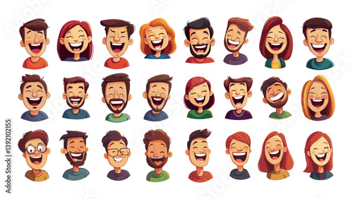 Cartoon smiling people avatars. Man woman happy cheerful heads, curious laughing characters positive persons, isolated vector illustrations