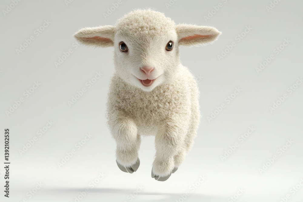 Obraz premium An adorable fluffy lamb leaps playfully against a clean white background.
