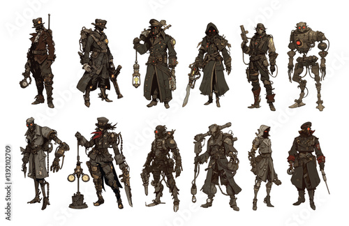 Cartoon steampunk characters. Mans woman boots android with tubes gears and goggles, , smuggles bandits thugs cloak assassins criminal lords victorian epoch persons, isolated vector illustrations